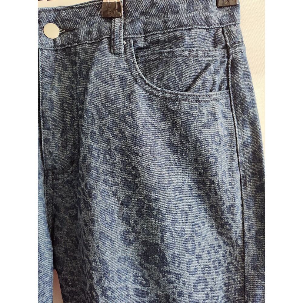 Leopard Print Patterned Blue Denim Y2K Bold High-Waisted Wide Leg Jeans L - Picture 4 of 11